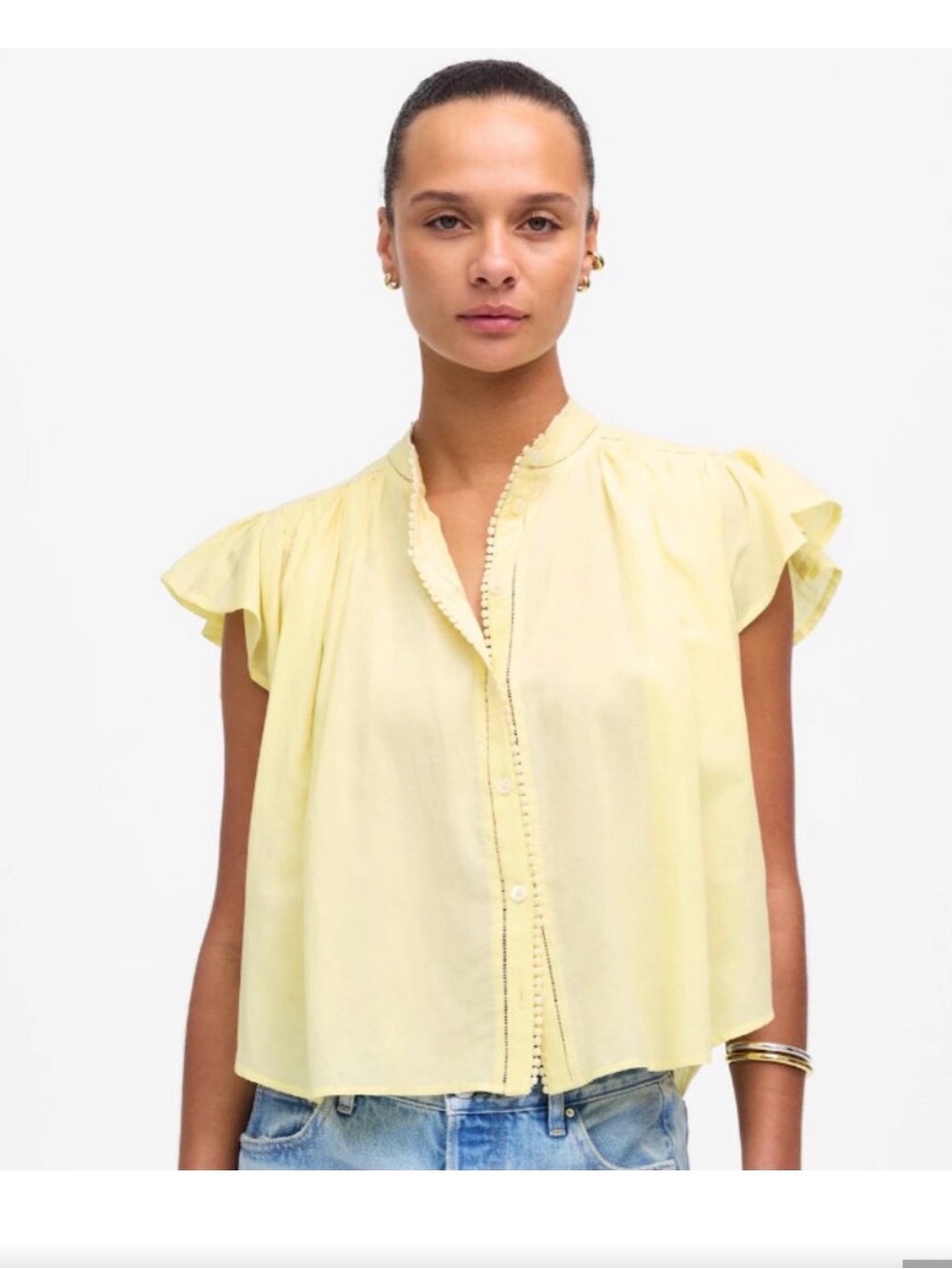 Madewell Shirred Lace Trim Top Icey Lemon XS